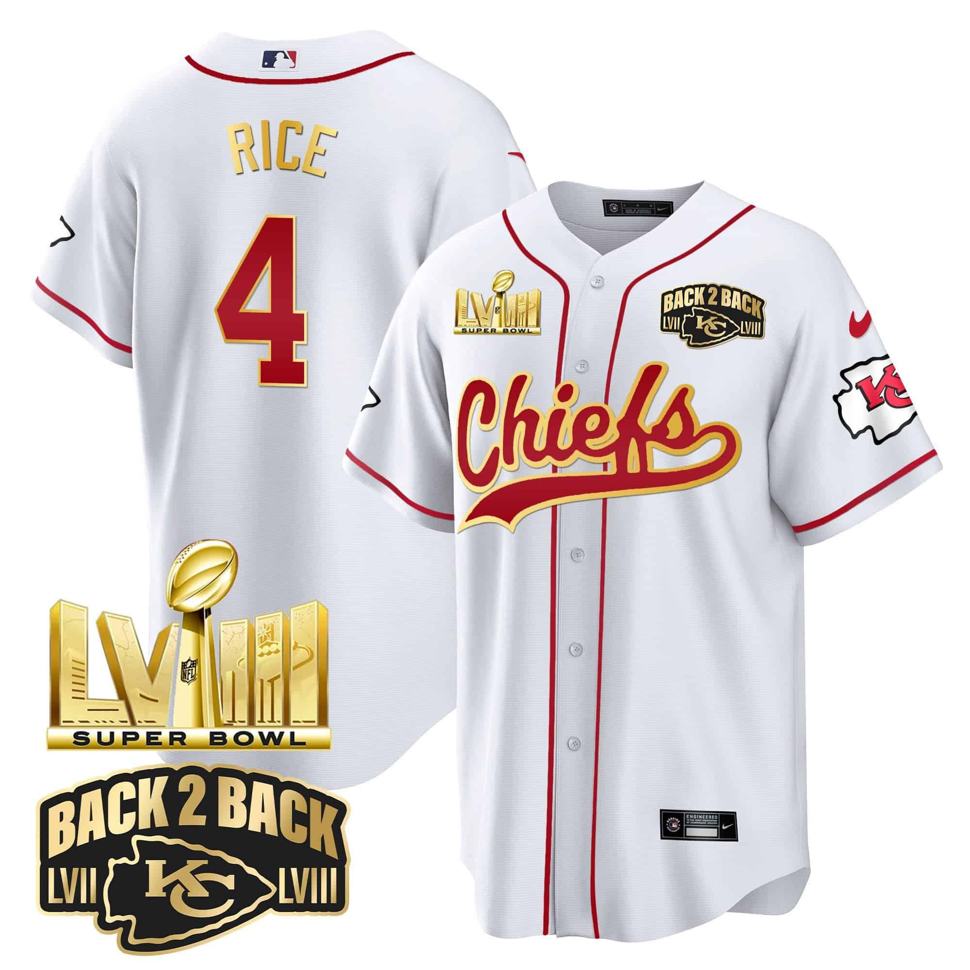 Men Kansas City Chiefs #4 Rice White 2024 Nike Super Bowl LVIII Back-2-Back Gold Patch Baseball NFL Jersey